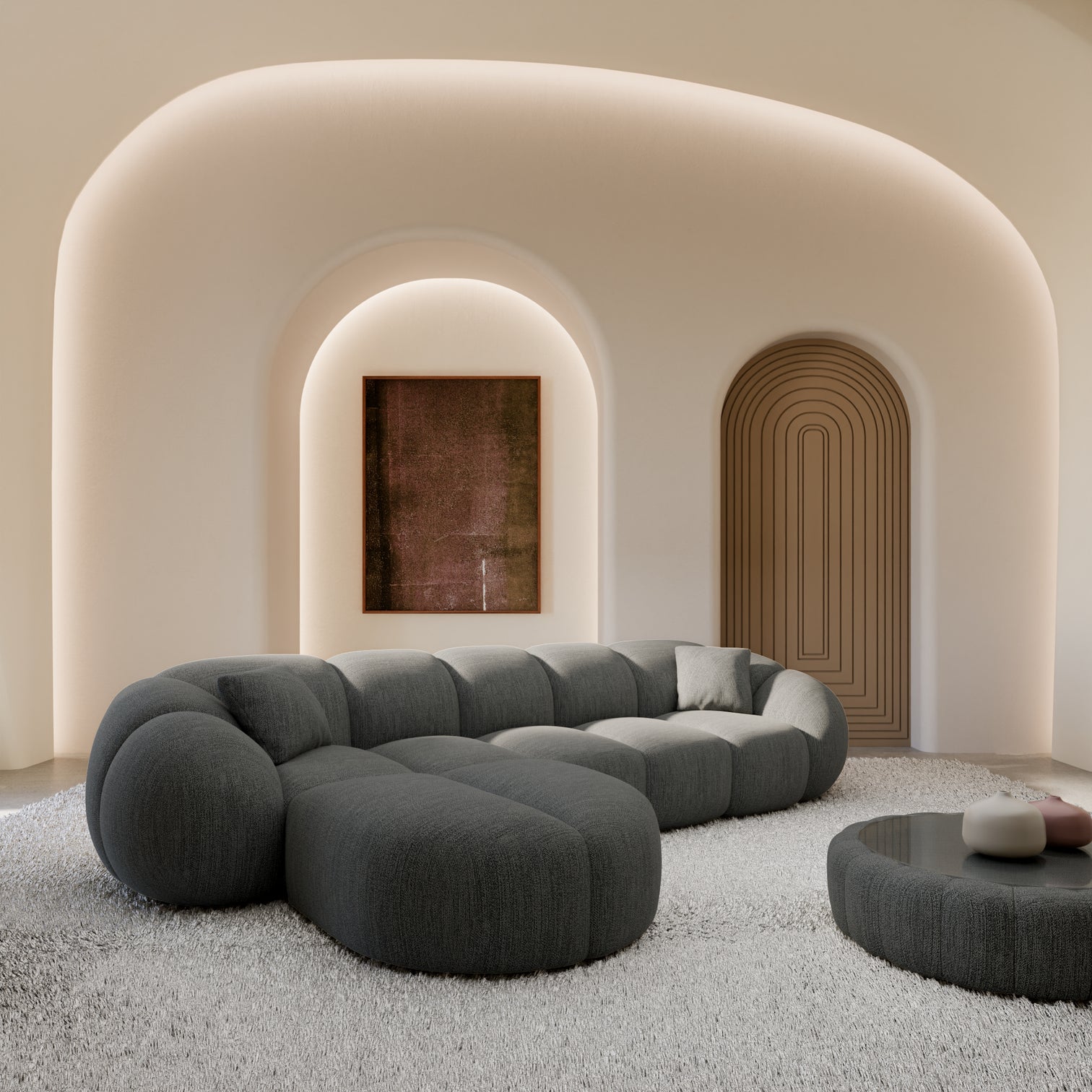 
4-seater designer corner sofa “Azura” with textured fabric upholstery - Textured fabric Anthracite / Left corner section