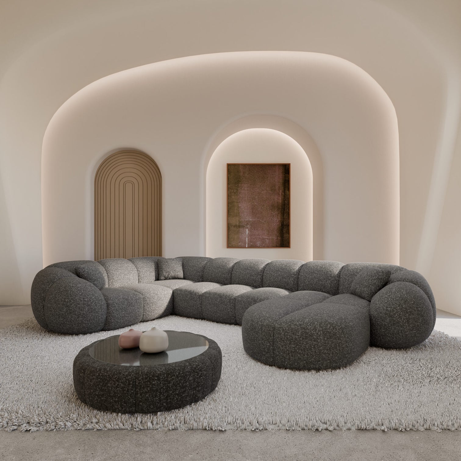 
6-seater designer panoramic sofa “Azura XL” with bouclé upholstery - Bouclé Graphite / Long side left