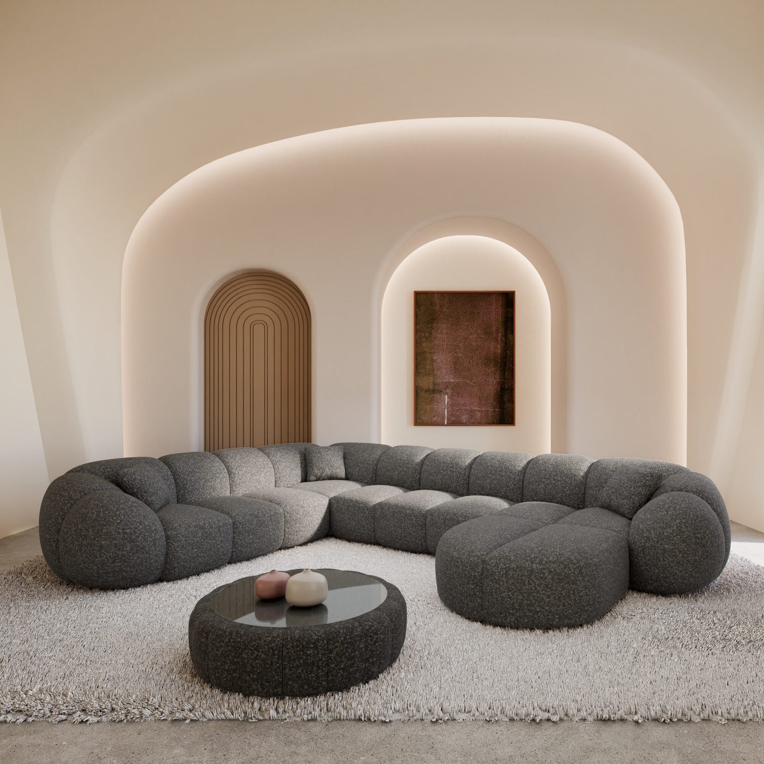 
7-seater designer panoramic sofa “Azura XXL” with bouclé upholstery - Bouclé Graphite / Long side left