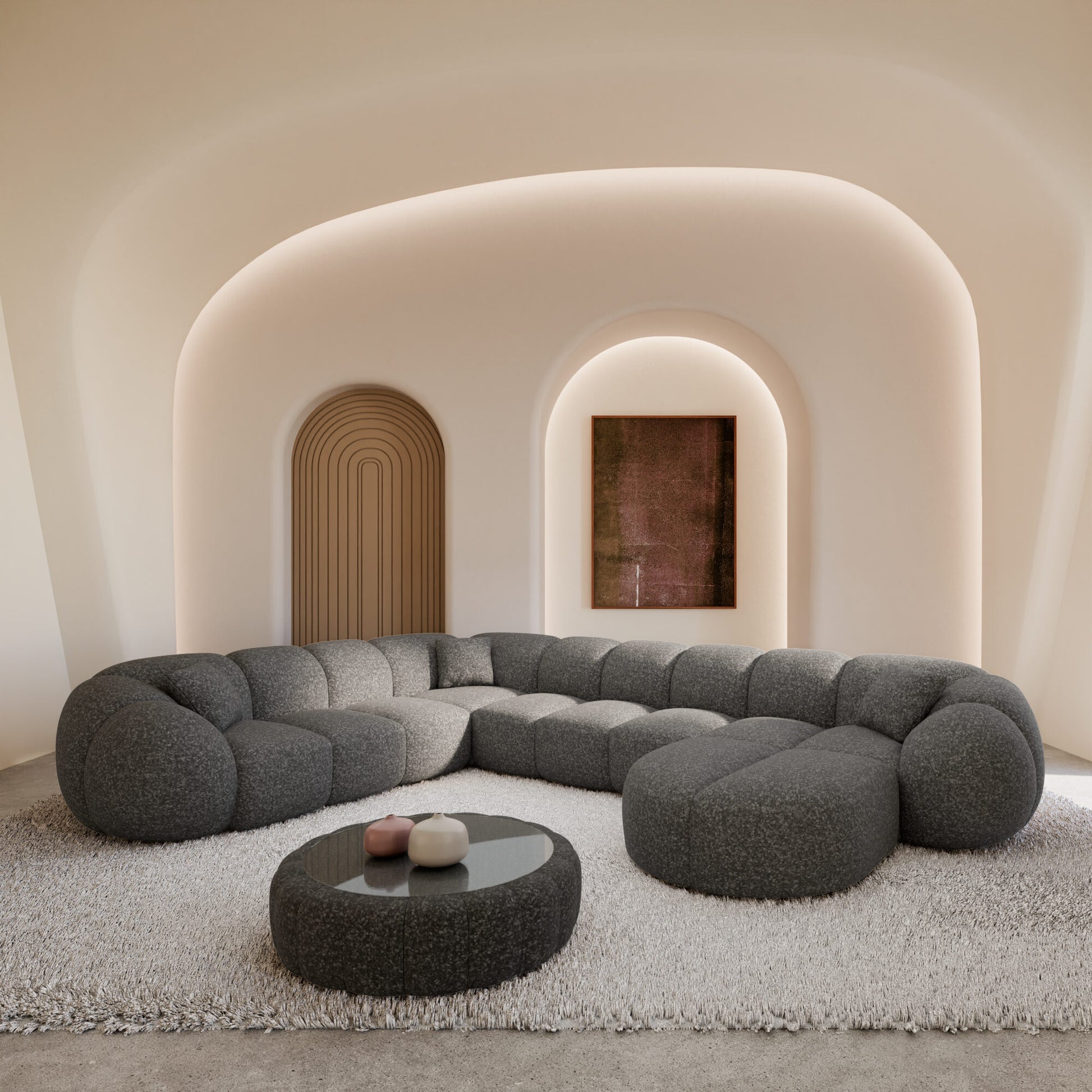 
7-Sitzer Design Panorama-Sofa „Azura XXL“ mit Bouclé-Bezug - Bouclé Graphit / Lange Seite links
