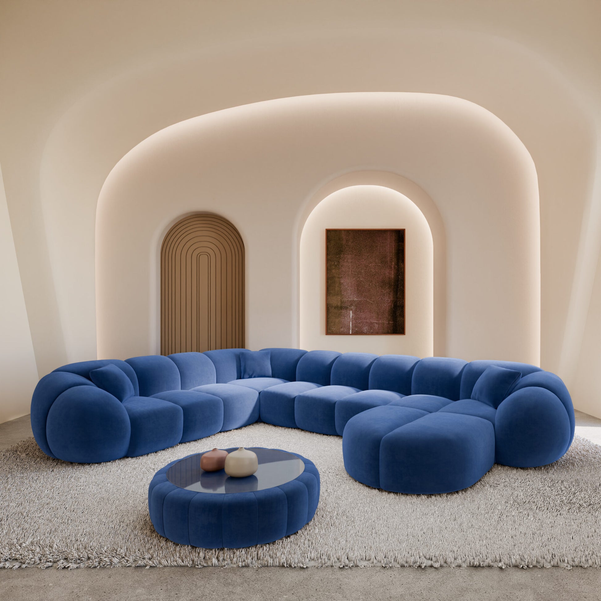 
7-Sitzer Design Panorama-Sofa „Azura XXL“ mit Samtbezug - Samtbezug Königsblau / Lange Seite links