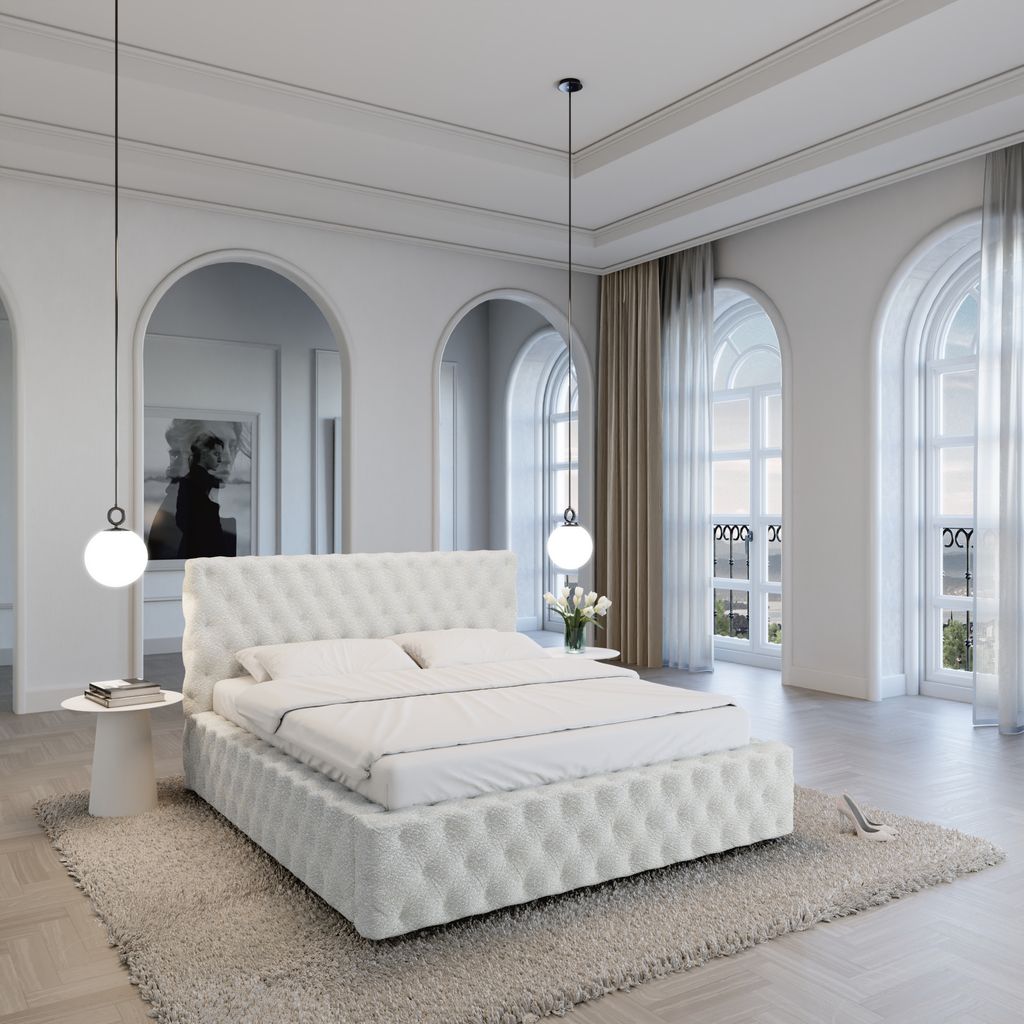 
Design Polsterbett „Garbo“ mit Ablagefach, Bouclé Weiss - 140 x 200 cm