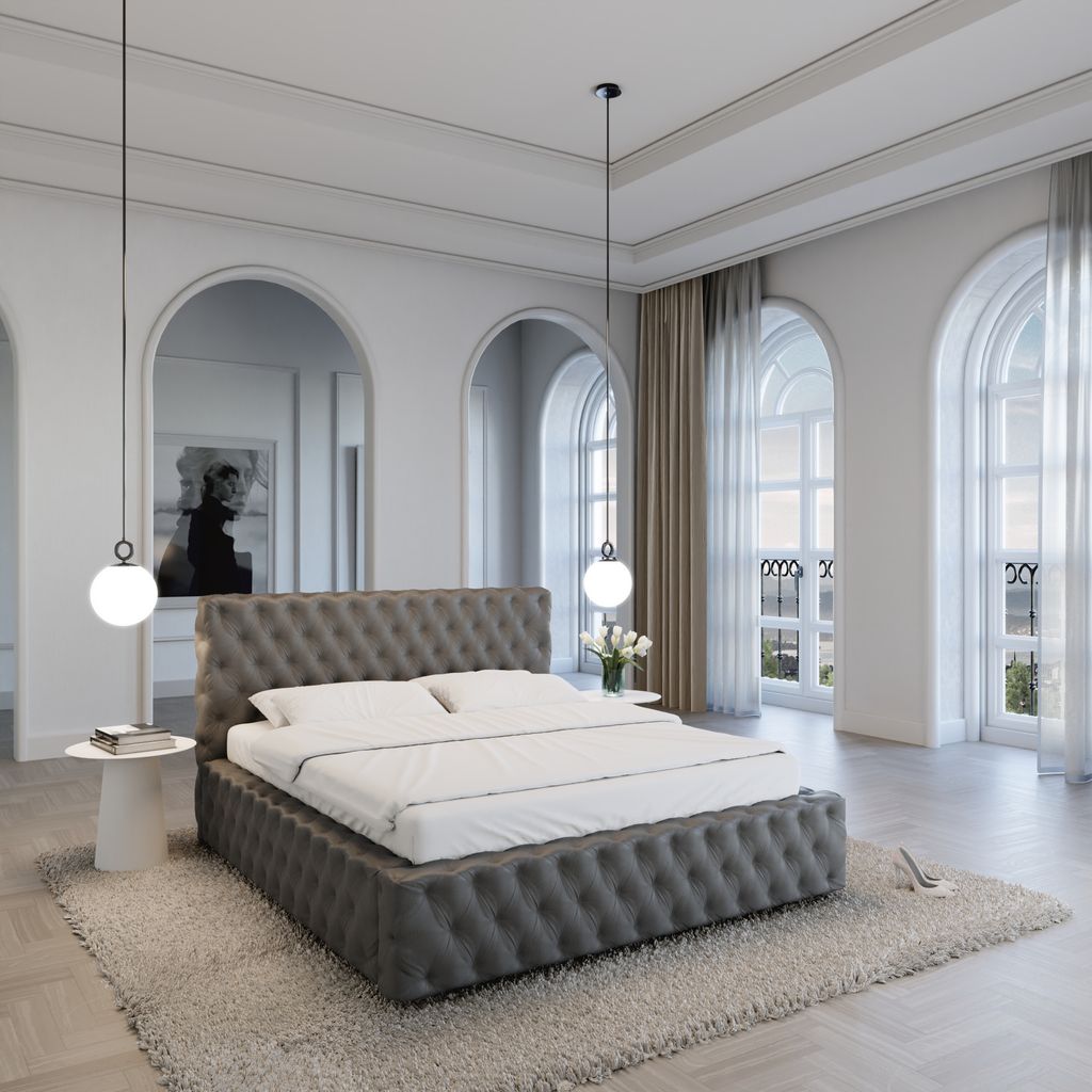 
Design Polsterbett „Garbo“ mit Ablagefach, Kunstleder Grau - 140 x 200 cm