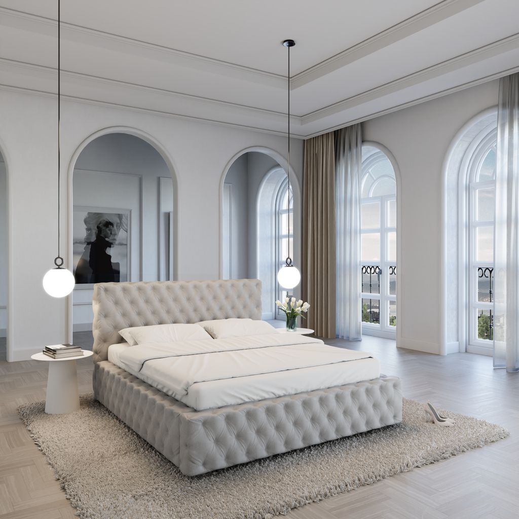 
Design Polsterbett „Garbo“ mit Ablagefach, Kunstleder Hellgrau - 140 x 200 cm