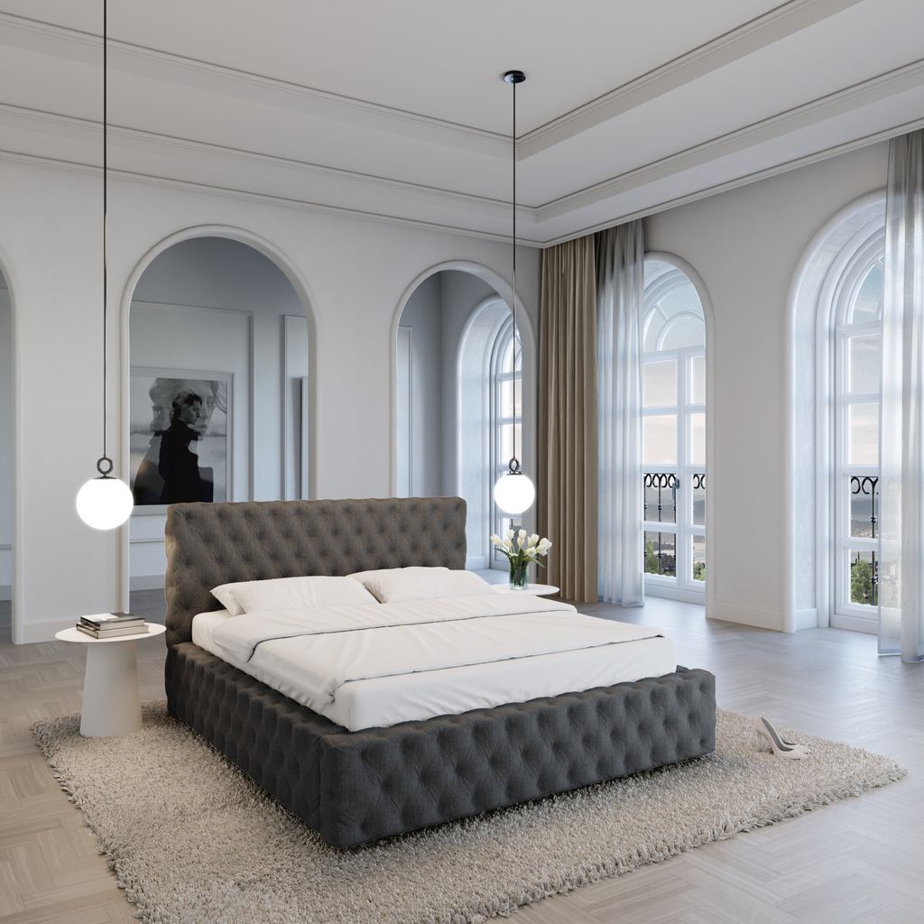 
Design Polsterbett „Garbo“ mit Ablagefach, Webstoff Anthrazit - 140 x 200 cm