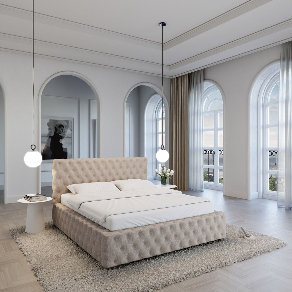 
Design Polsterbett „Garbo“ mit Ablagefach, Webstoff Beige - 140 x 200 cm
