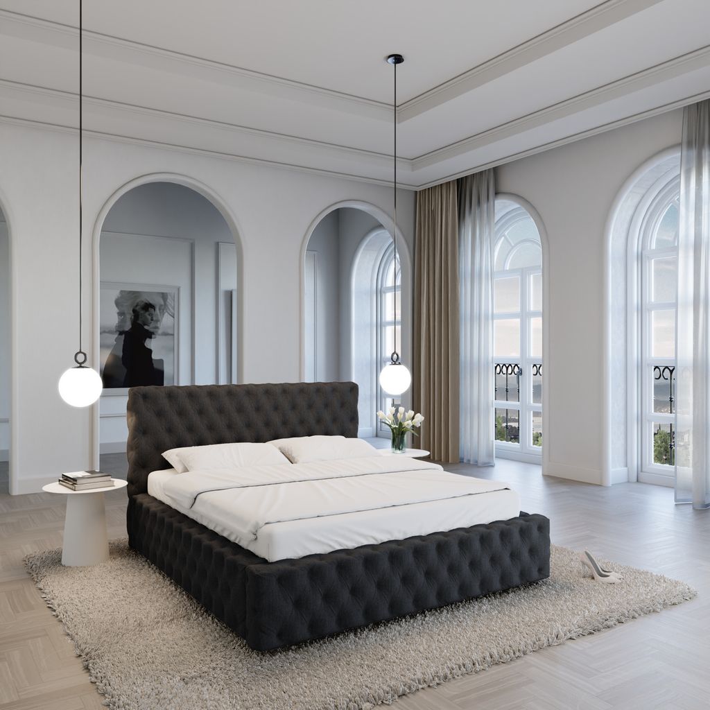 
Design Polsterbett „Garbo“ mit Ablagefach, Webstoff Schwarz - 140 x 200 cm