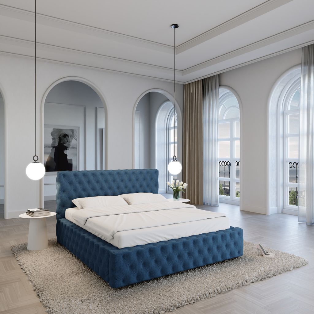 
Design Polsterbett „Garbo“ mit Ablagefach, Webstoff Dunkelblau - 140 x 200 cm
