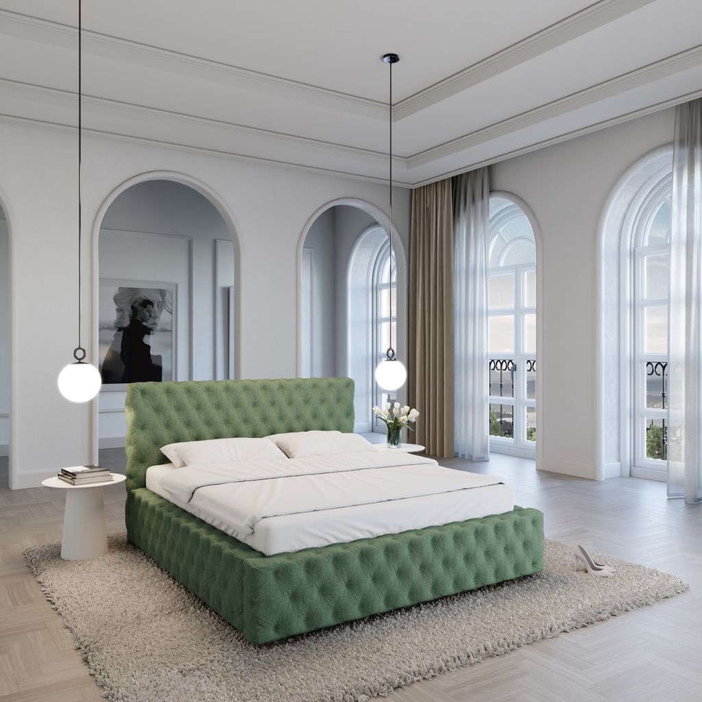
Design Polsterbett „Garbo“ mit Ablagefach, Webstoff Grün - 140 x 200 cm