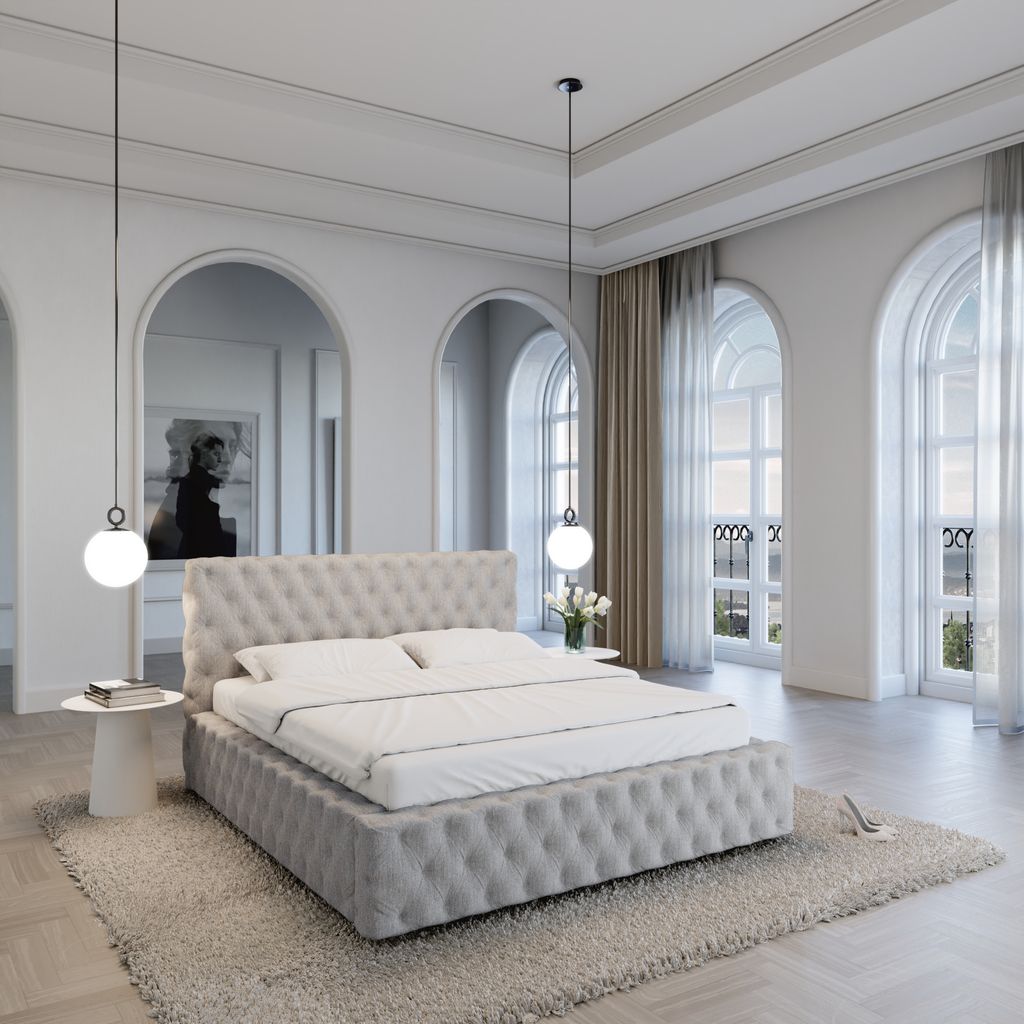 
Design Polsterbett „Garbo“ mit Ablagefach, Webstoff Hellgrau - 140 x 200 cm