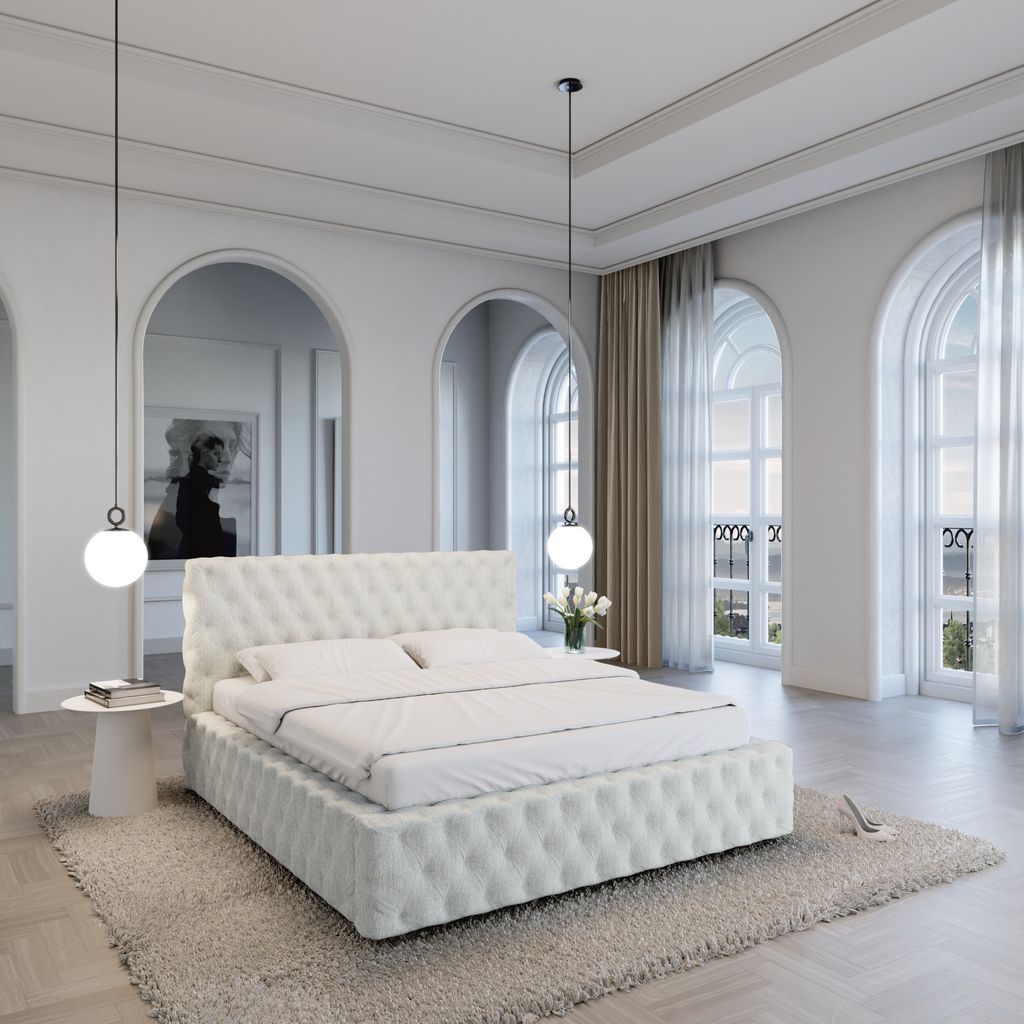 
Design Polsterbett „Garbo“ mit Ablagefach, Webstoff Weiss - 140 x 200 cm