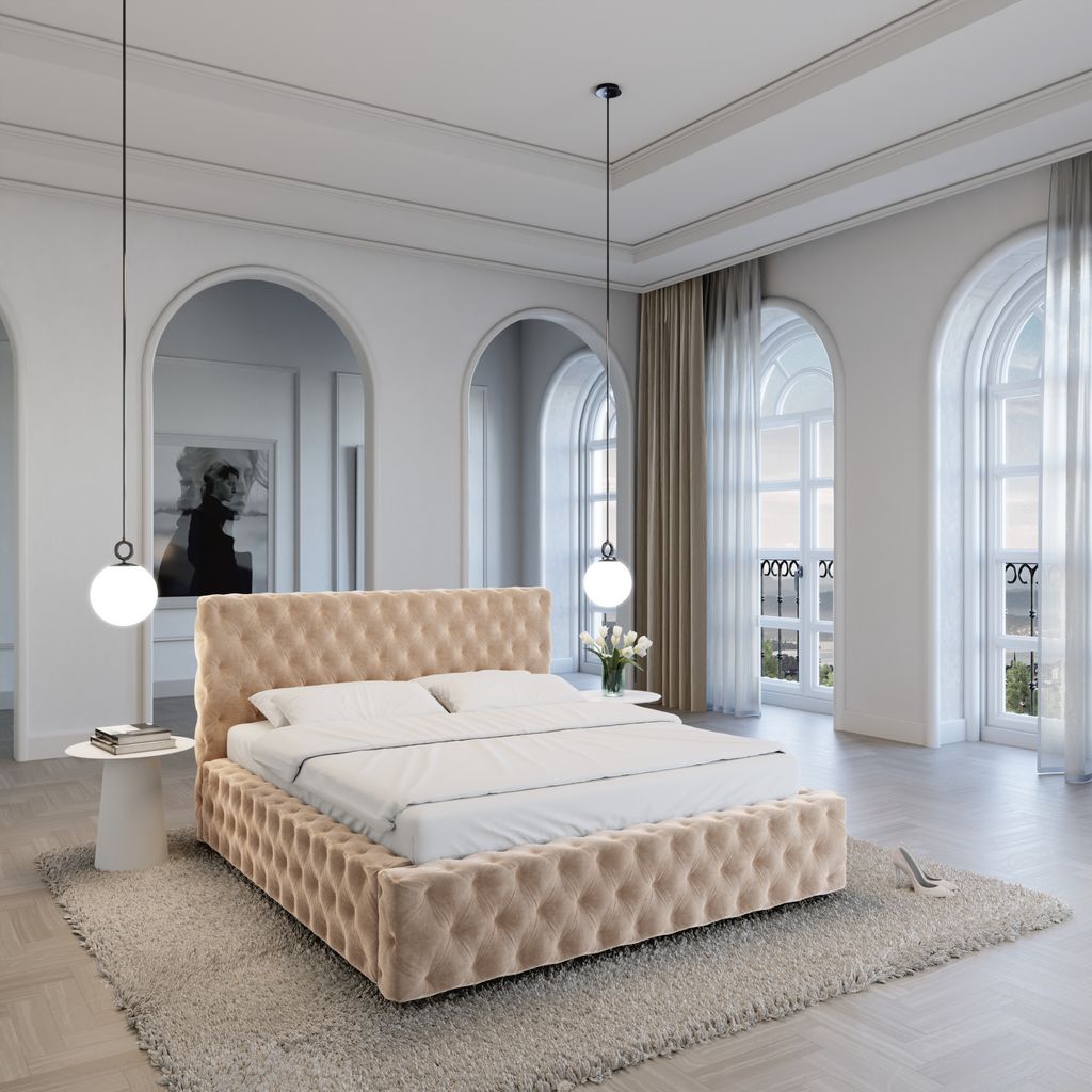 
Design Polsterbett „Garbo“ mit Ablagefach, Samt Beige - 140 x 200 cm