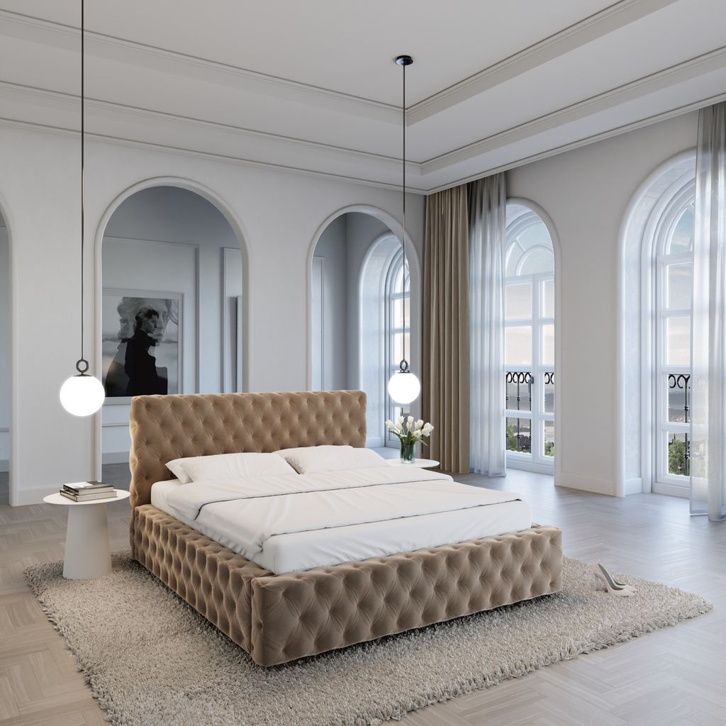 
Design Polsterbett „Garbo“ mit Ablagefach, Samt Braun - 140 x 200 cm