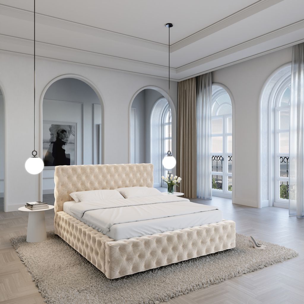 
Design Polsterbett „Garbo“ mit Ablagefach, Samt Cream - 140 x 200 cm
