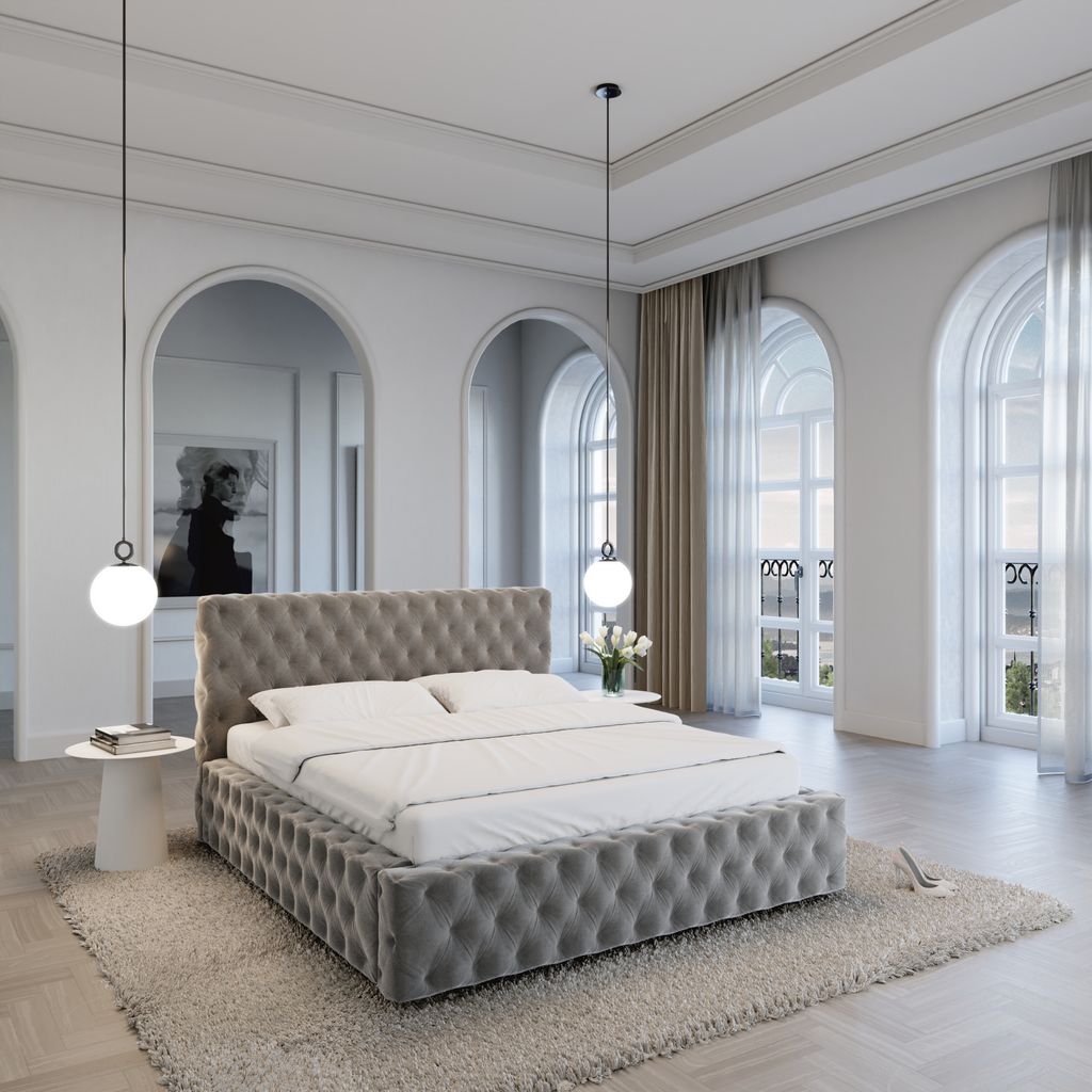
Design Polsterbett „Garbo“ mit Ablagefach, Samt Grau - 140 x 200 cm
