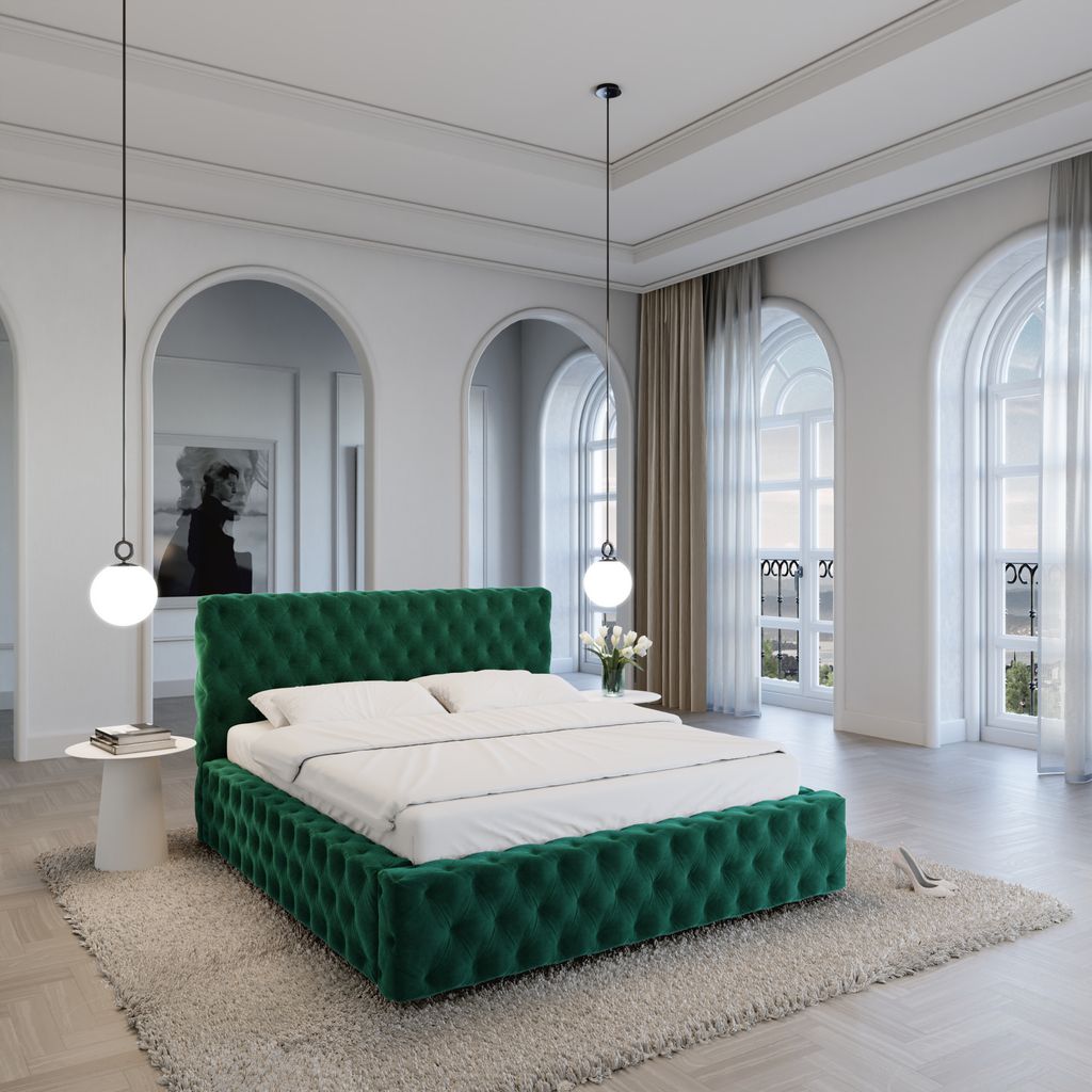 
Design Polsterbett „Garbo“ mit Ablagefach, Samt Grün - 140 x 200 cm