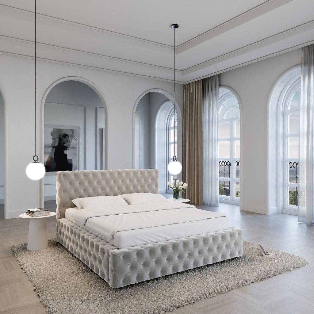 
Design Polsterbett „Garbo“ mit Ablagefach, Samt Hellgrau - 140 x 200 cm
