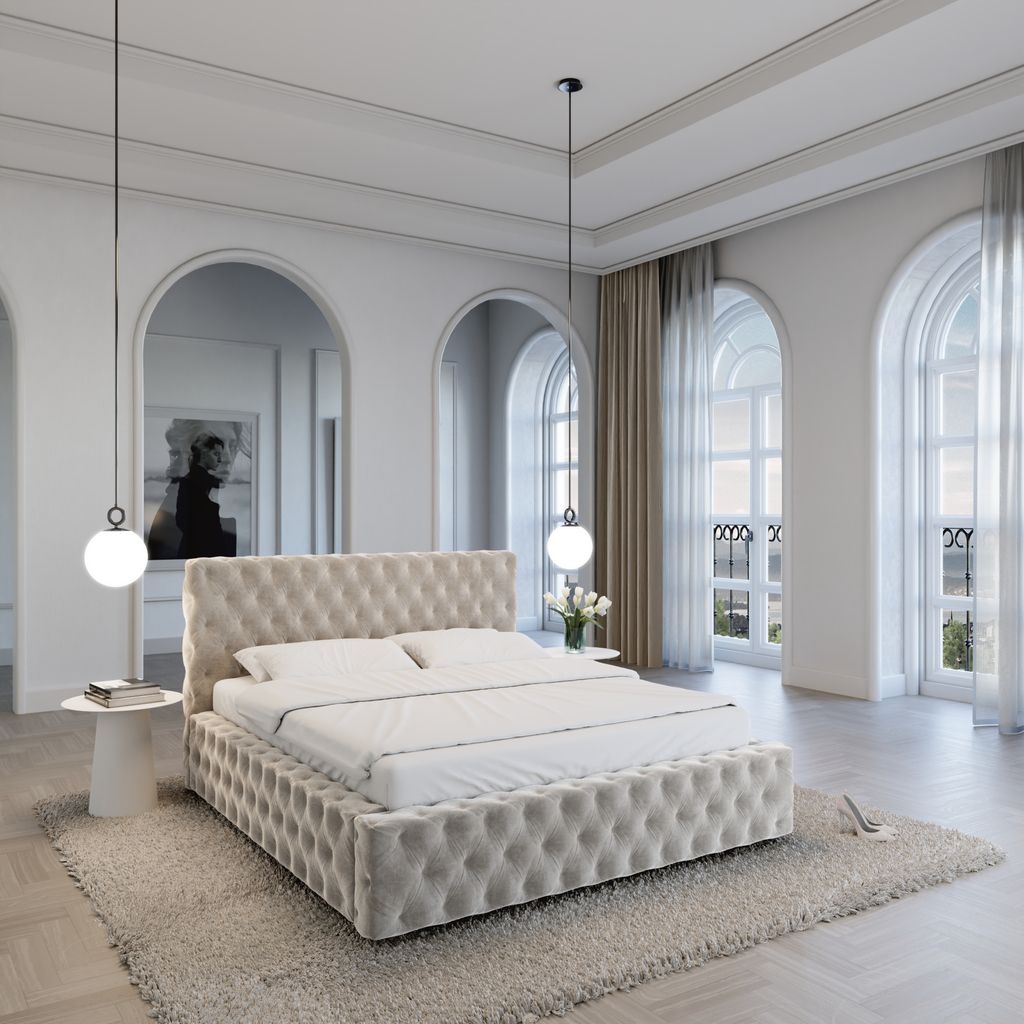 
Design Polsterbett „Garbo“ mit Ablagefach, Samt Sand - 140 x 200 cm