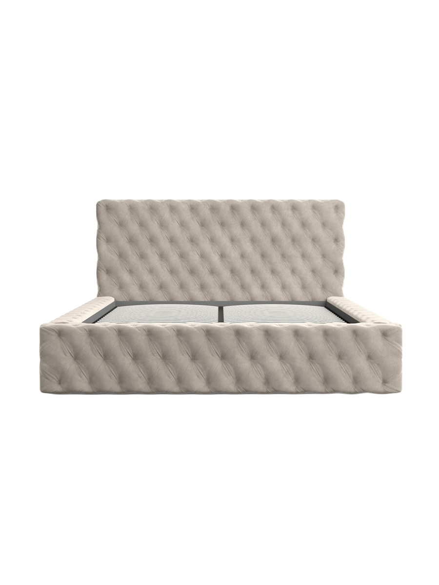 
Design Polsterbett „Garbo“ mit Ablagefach, Samt Sand - 140 x 200 cm