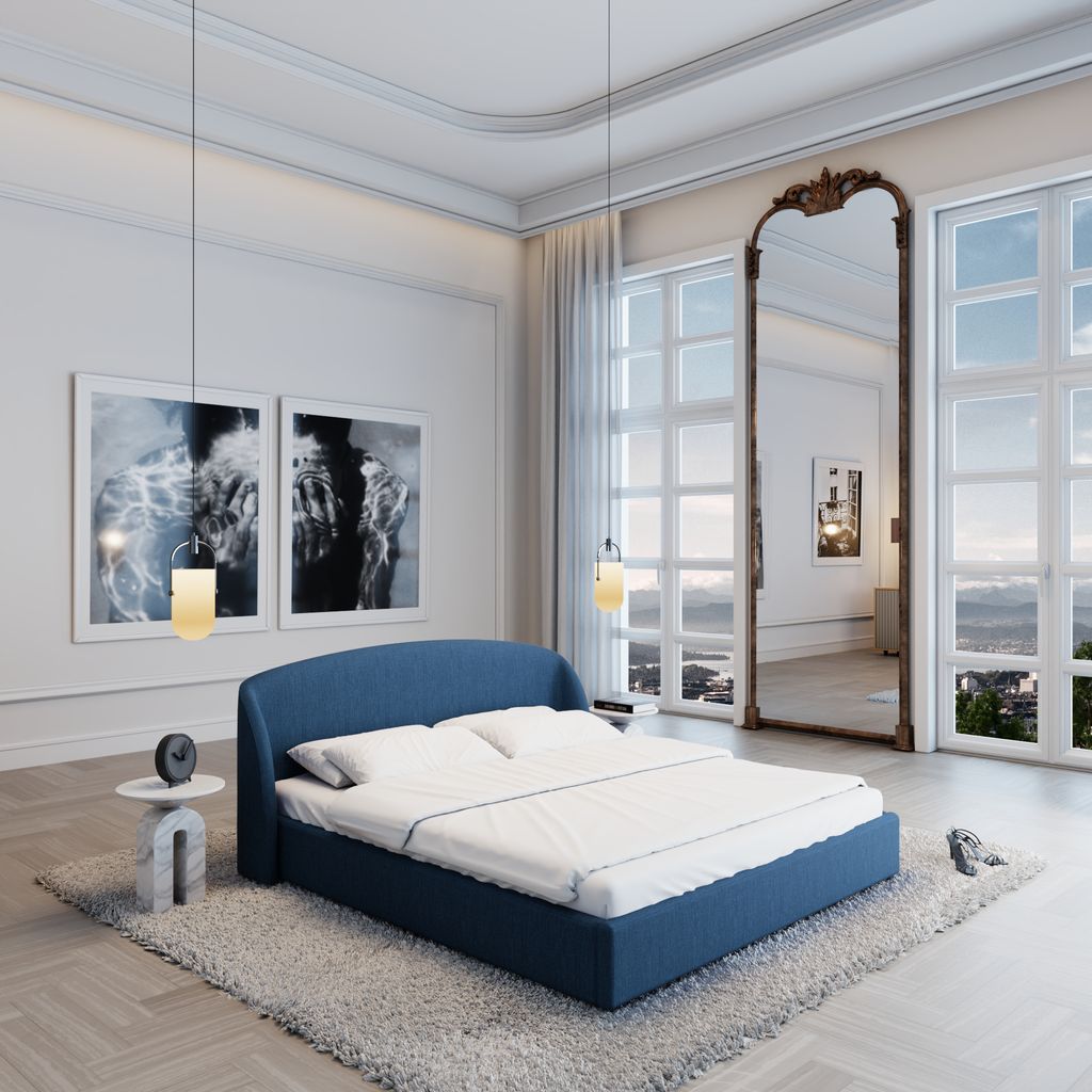 
Design Polsterbett „Eloria“ mit Ablagefach, Webstoff Dunkelblau - 140 x 200 cm