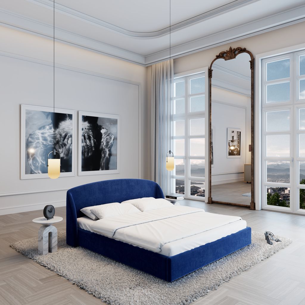 
Design Polsterbett „Eloria“ mit Ablagefach, Samt Dunkelblau - 140 x 200 cm