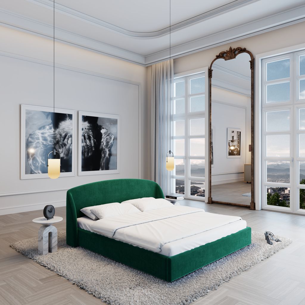 
Design Polsterbett „Eloria“ mit Ablagefach, Samt Grün - 140 x 200 cm