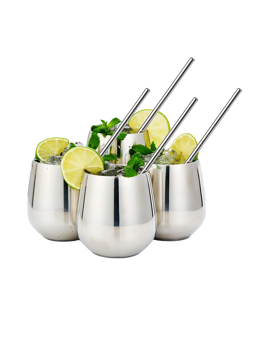 
Set of 4 unbreakable Tumbler Glasses & Straws "Steel" made of stainless steel, 350 ml - Silver shiny