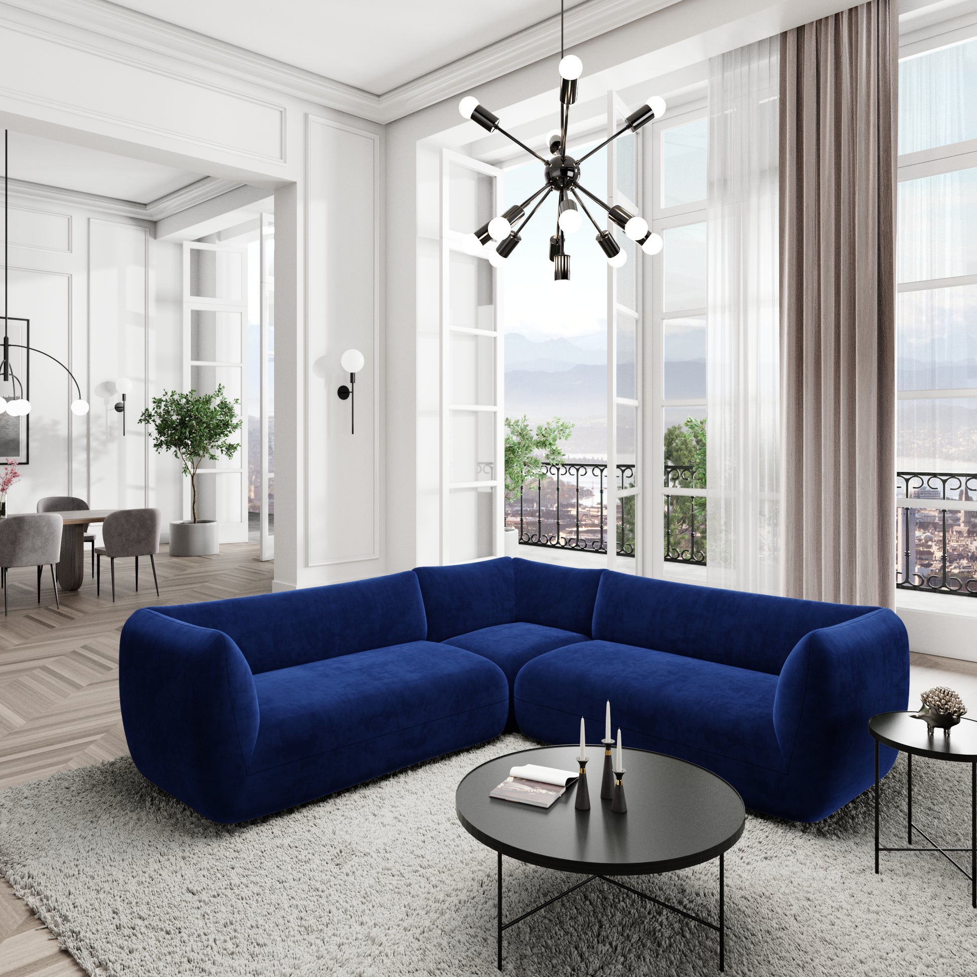 
5-Sitzer Design Ecksofa „Amalfi“ mit Samtbezug - Samtbezug Königsblau
