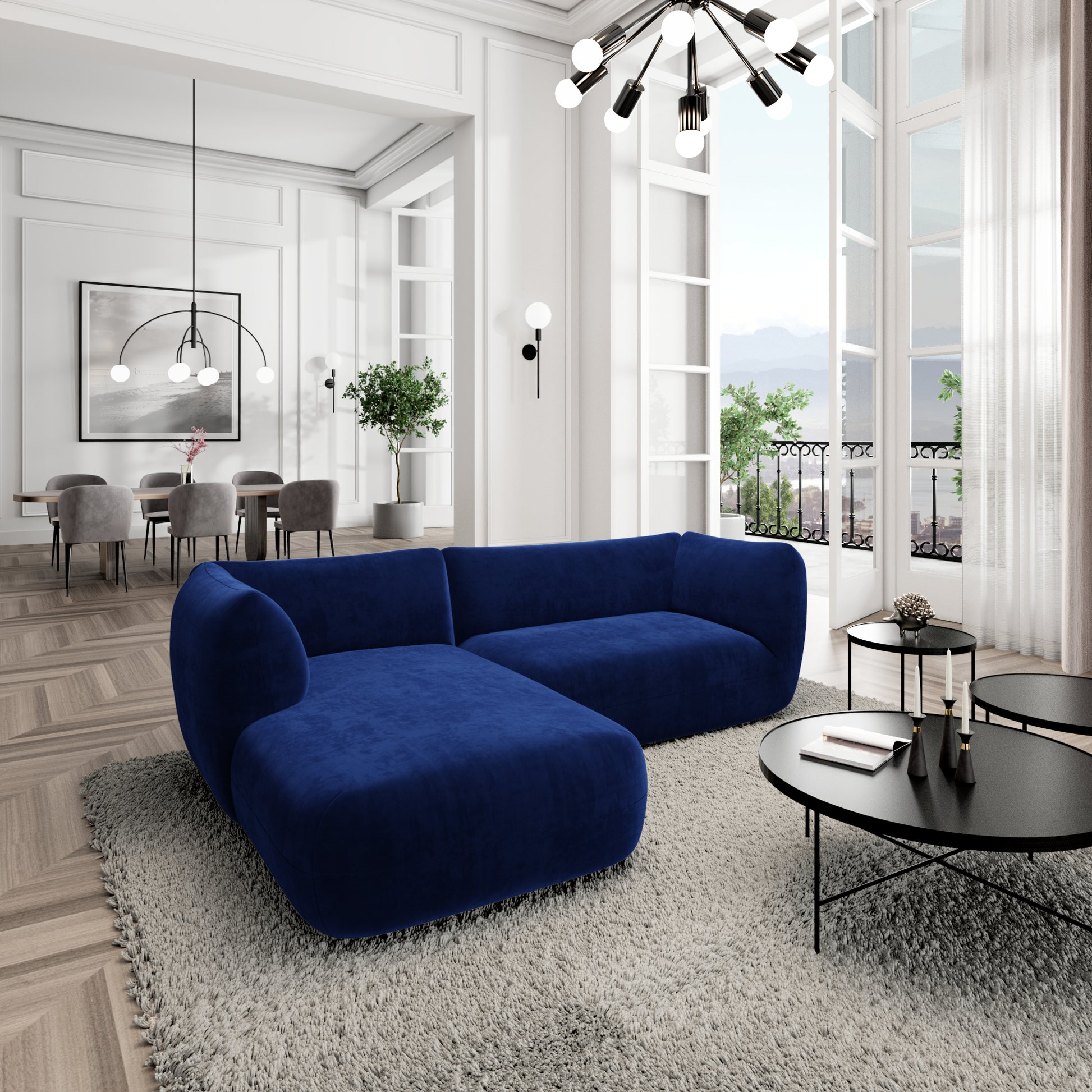 
3/4-Sitzer Design Ecksofa „Amalfi“ mit Samtbezug - Samtbezug Königsblau / Eckteil links
