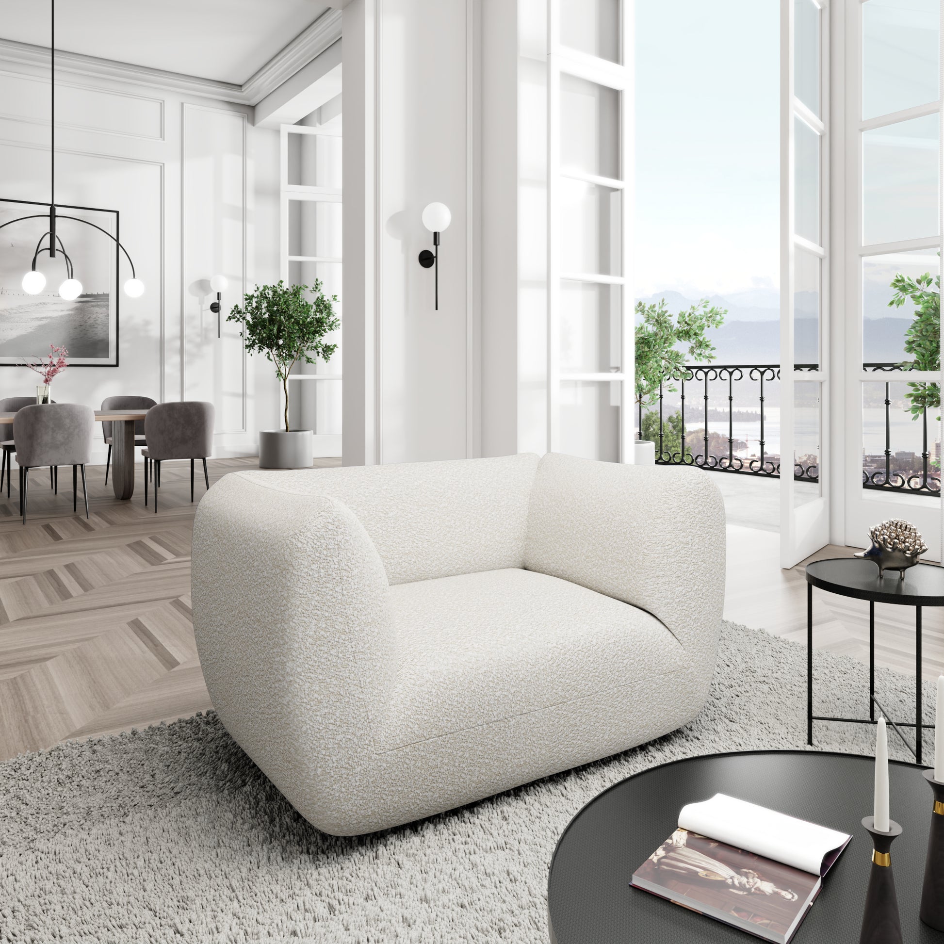 
Design Loungesessel „Amalfi“ mit Bouclé-Bezug