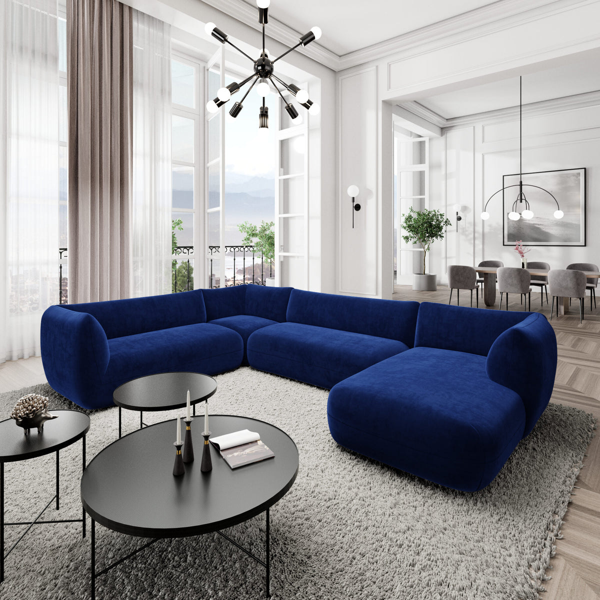 
7-Sitzer Design Panorama-Sofa „Amalfi XXL“ mit Samtbezug - Samtbezug Königsblau / Lange Seite Links