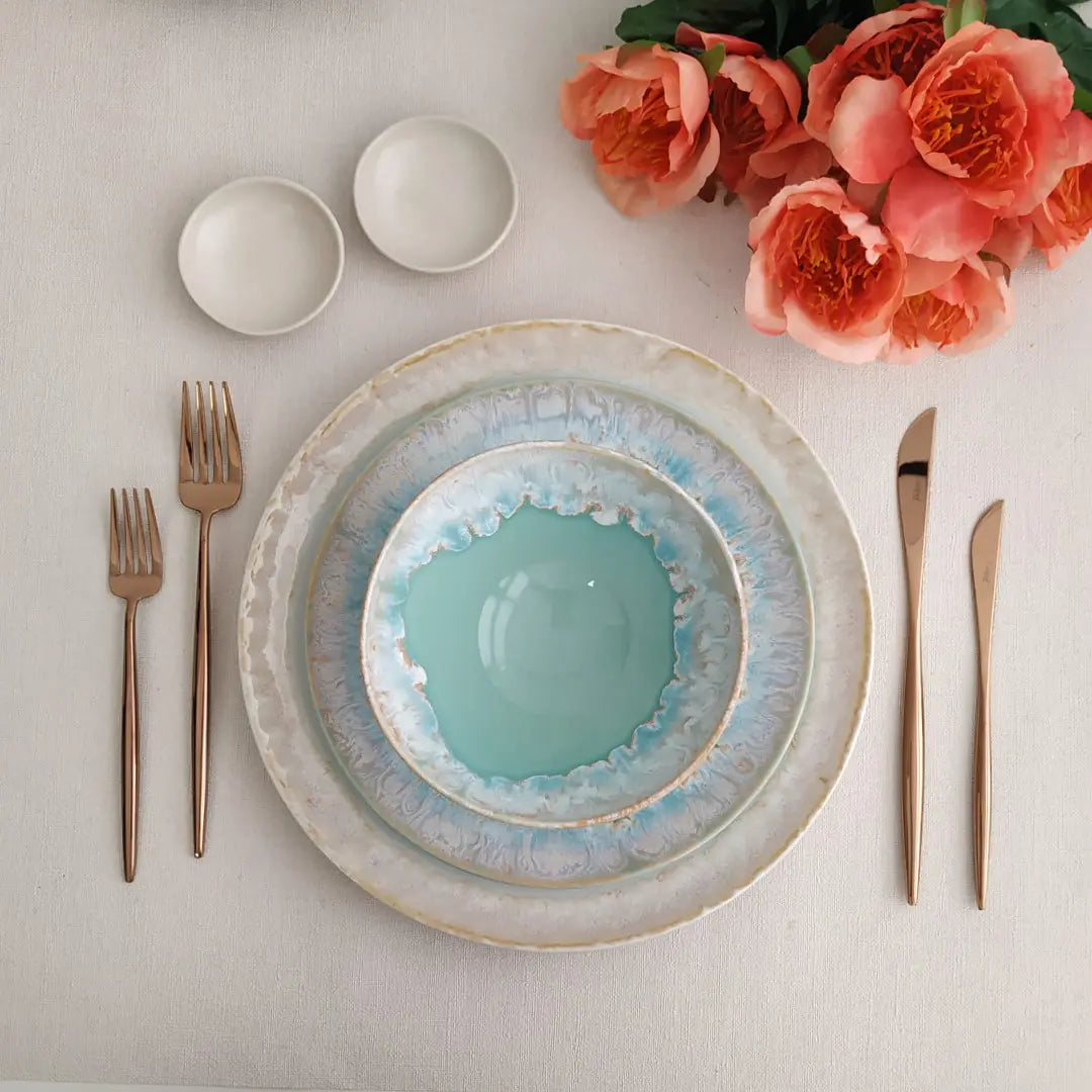 
Service de vaisselle artisanal « Taormina Aqua », 4 personnes, 12 pièces