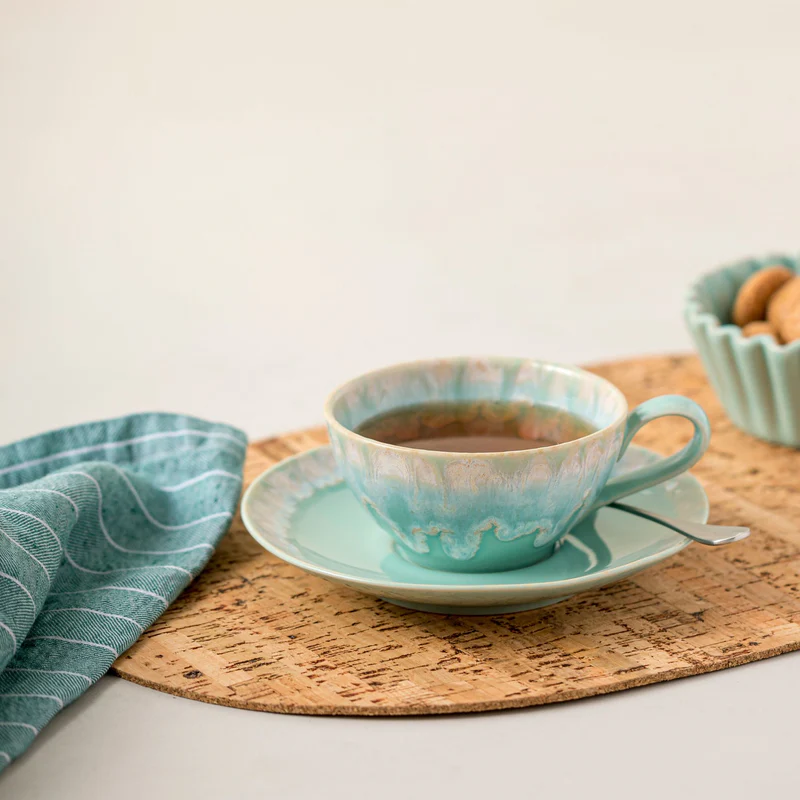 
Tasse à thé et à café artisanale « Taormine » avec soucoupe - Eau