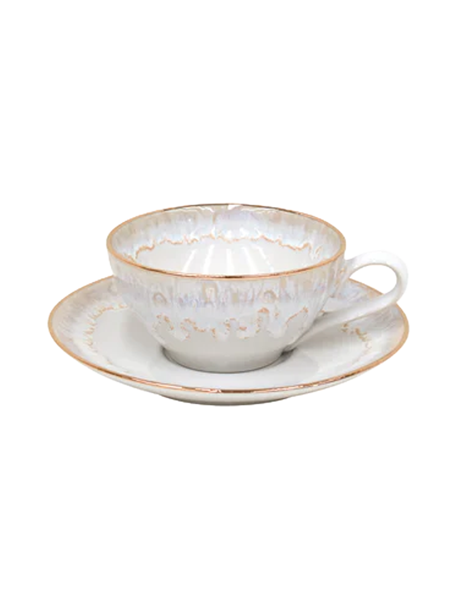 
Tasse à thé et à café artisanale « Taormine » avec soucoupe - Blanc avec bordure en or 18 carats