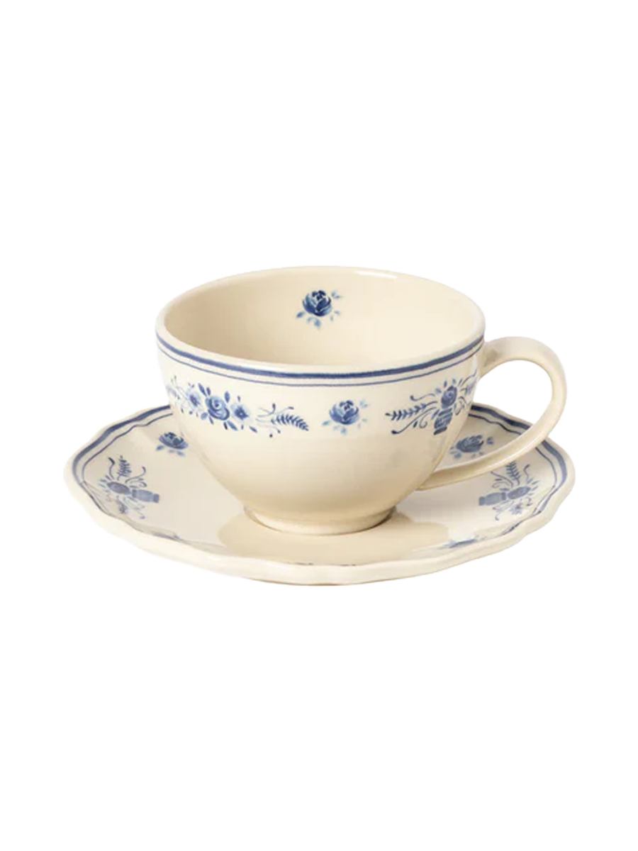 
Handmade Tea & Coffee Cup "Vila" with Saucer - Beige & Blue