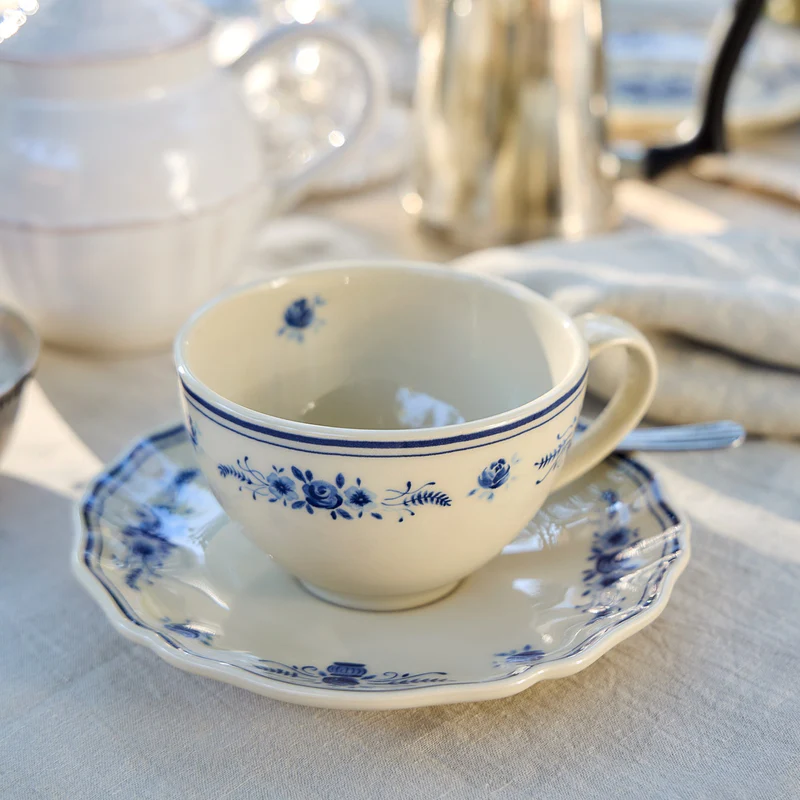 
Handmade Tea & Coffee Cup "Vila" with Saucer - Beige & Blue