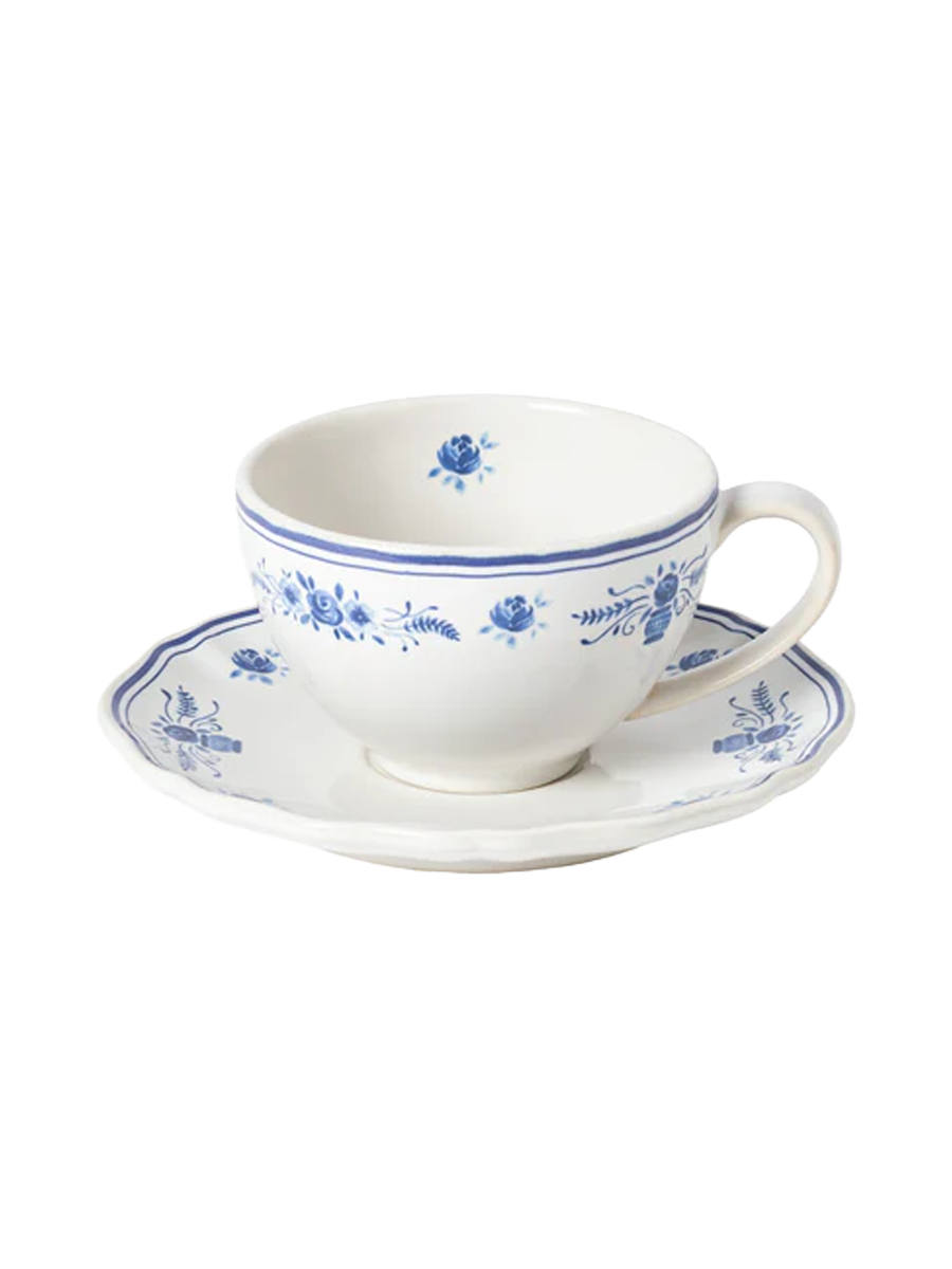 
Handmade Tea & Coffee Cup "Vila" with Saucer - White & Blue