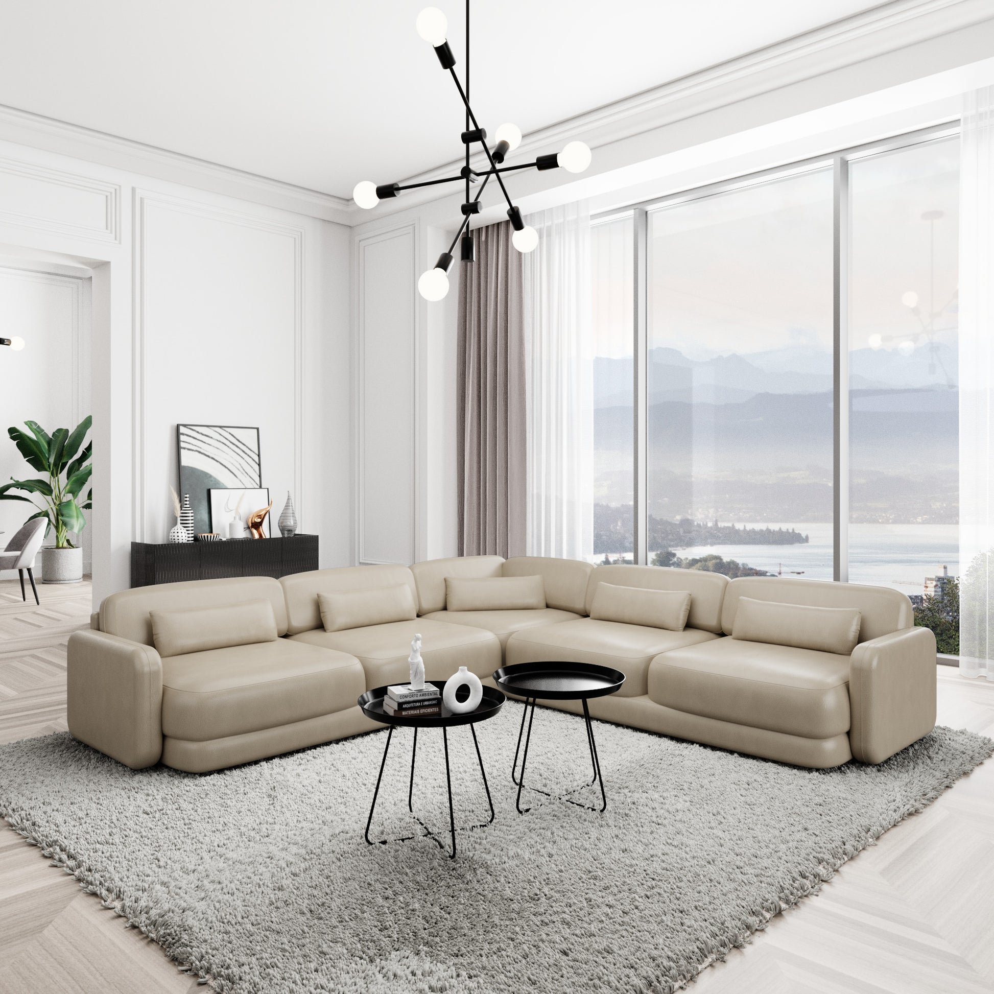 
5-Sitzer Design Echtleder Ecksofa „Eloria“ - Echtleder Beige