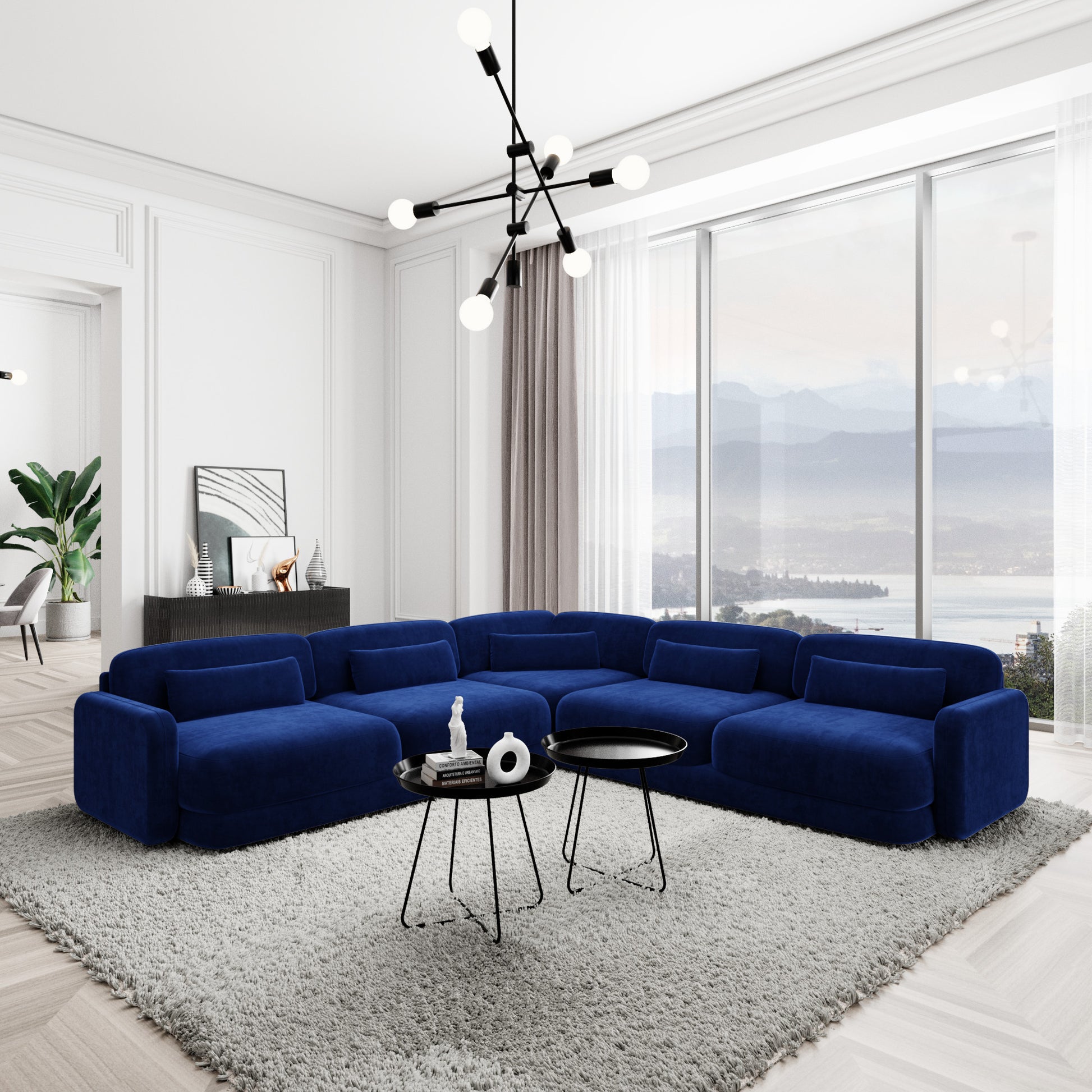 
5-Sitzer Design Ecksofa „Eloria“ mit Samtbezug - Samtbezug Königsblau