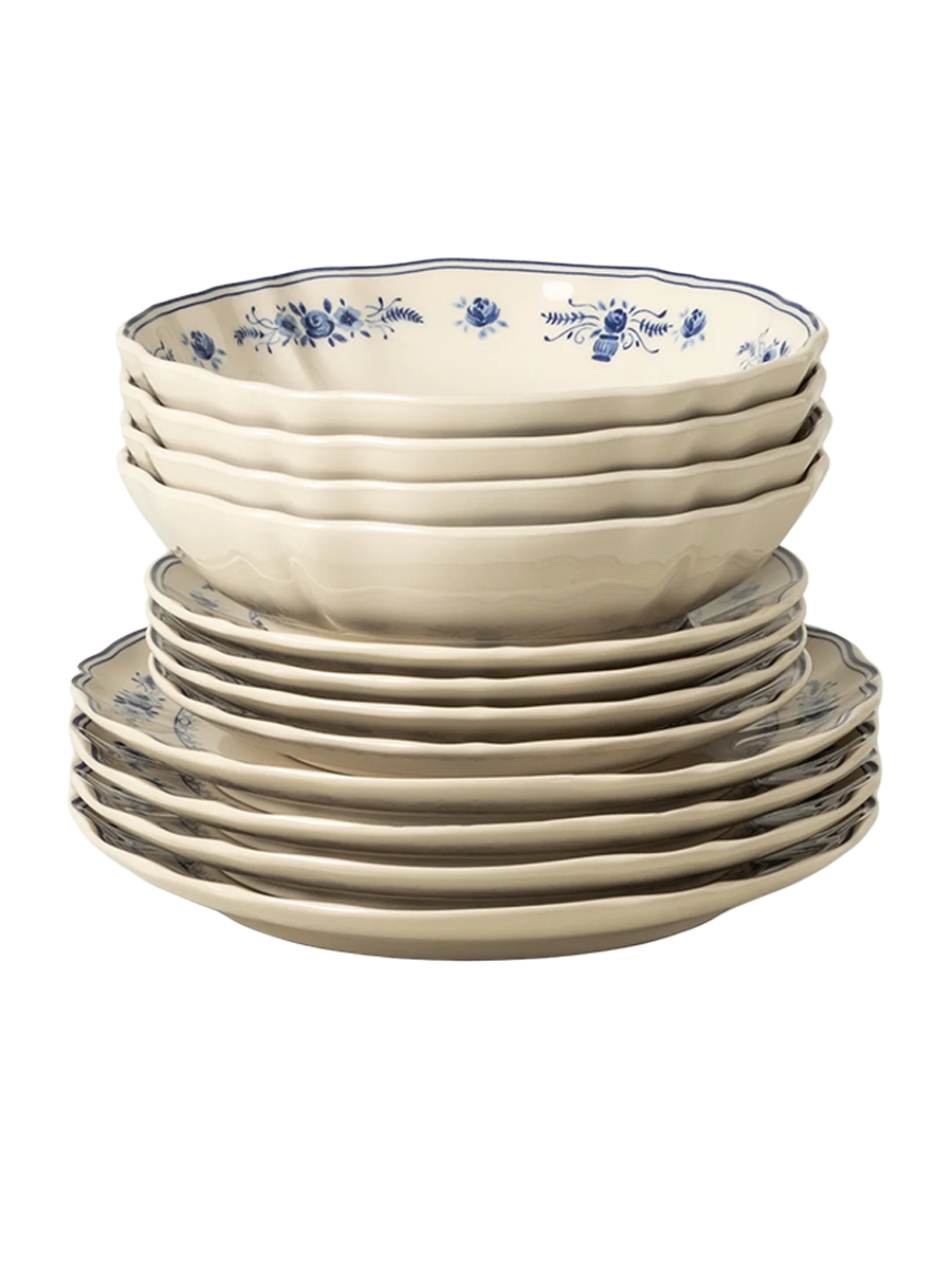 
Handmade Dinnerware Set "Vila II", Beige & Blue, 12-piece