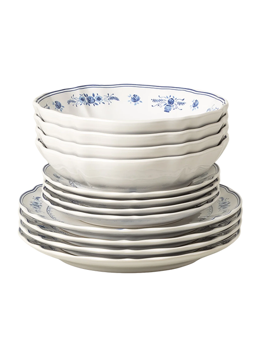 
Handmade Dinnerware Set "Vila II", White & Blue, 12-piece