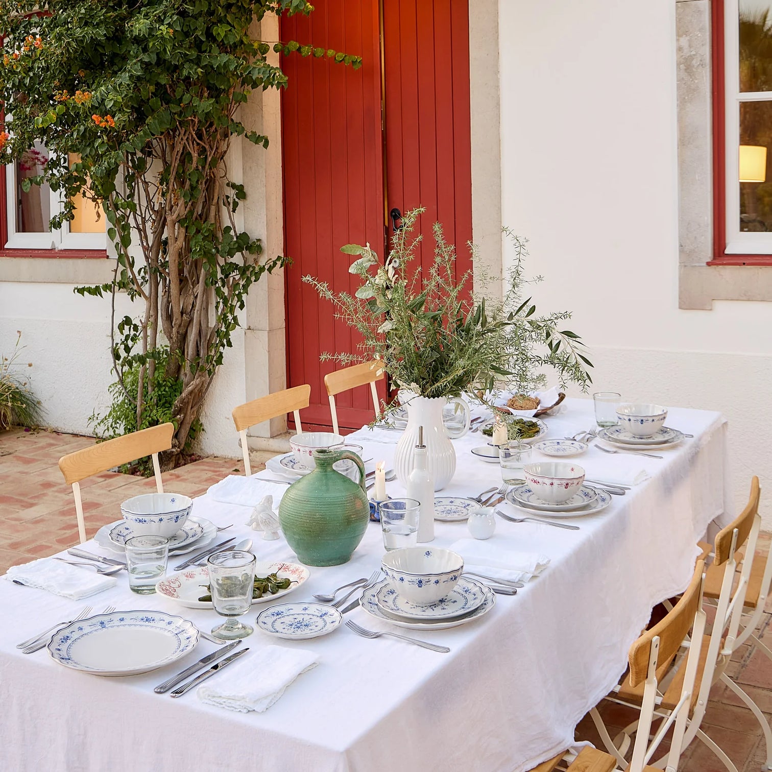 
Handmade Dinnerware Set "Vila II", White & Blue, 12-piece