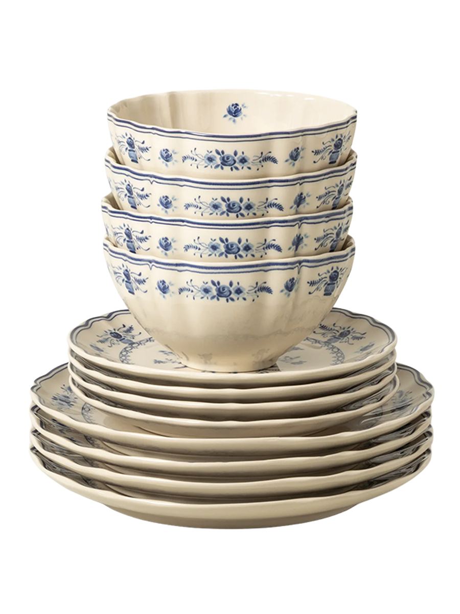 
Handmade Dinnerware Set "Vila", Beige & Blue, 12-piece