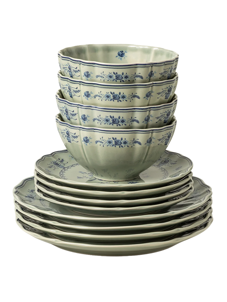
Handcrafted Dinnerware Set "Vila," Olive & Blue, 12-Piece