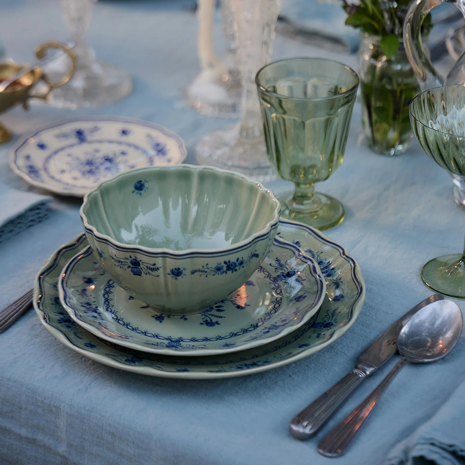 
Handcrafted Dinnerware Set "Vila," Olive & Blue, 12-Piece