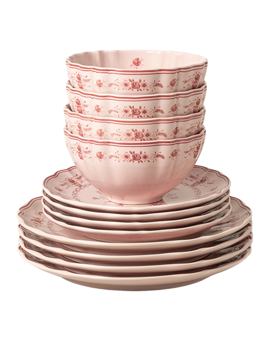 
Handmade Dinnerware Set "Vila", Pink & Red, 12-piece
