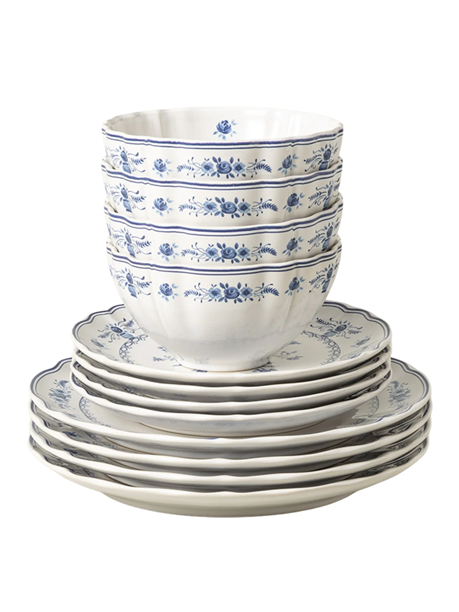 
Handmade Dinnerware Set "Vila", White & Blue, 12 Pieces