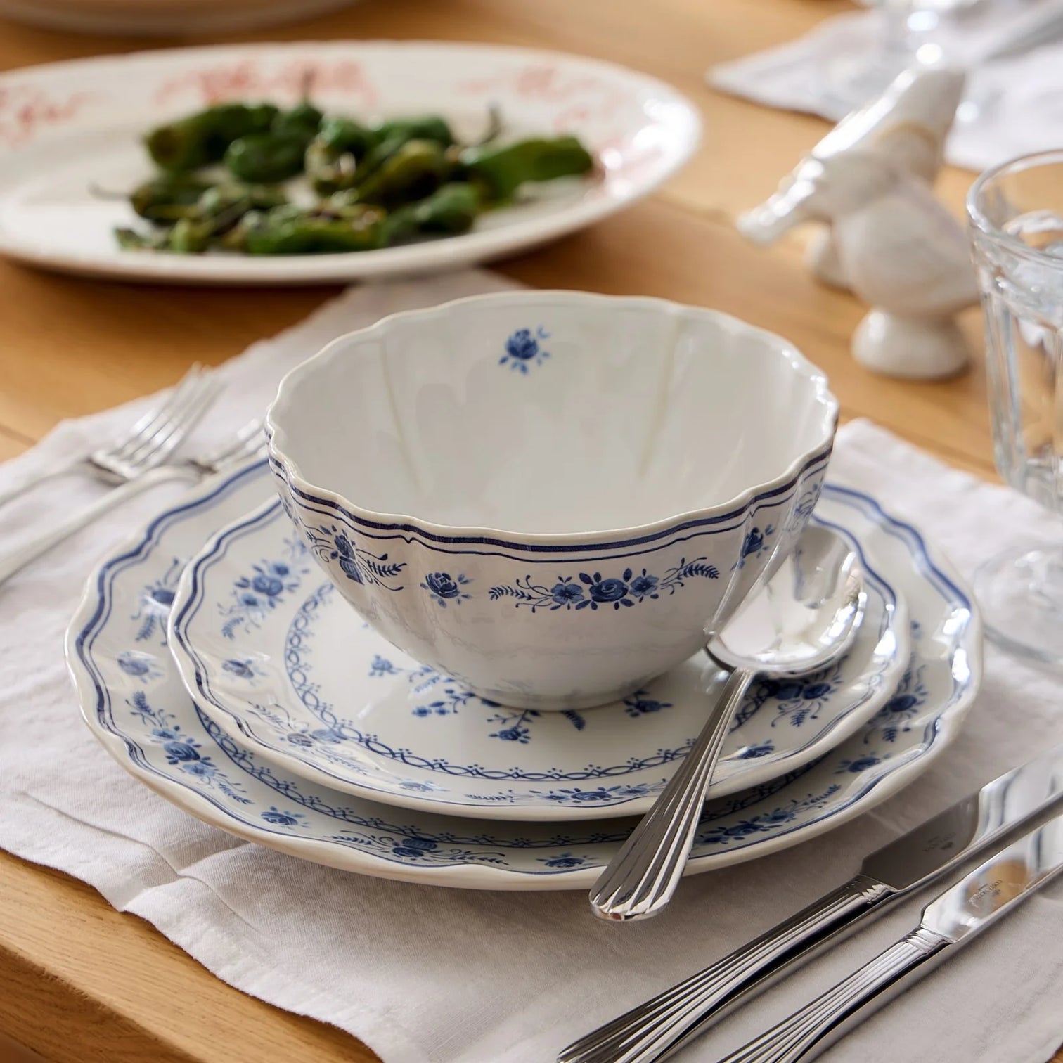 
Handmade Dinnerware Set "Vila", White & Blue, 12 Pieces
