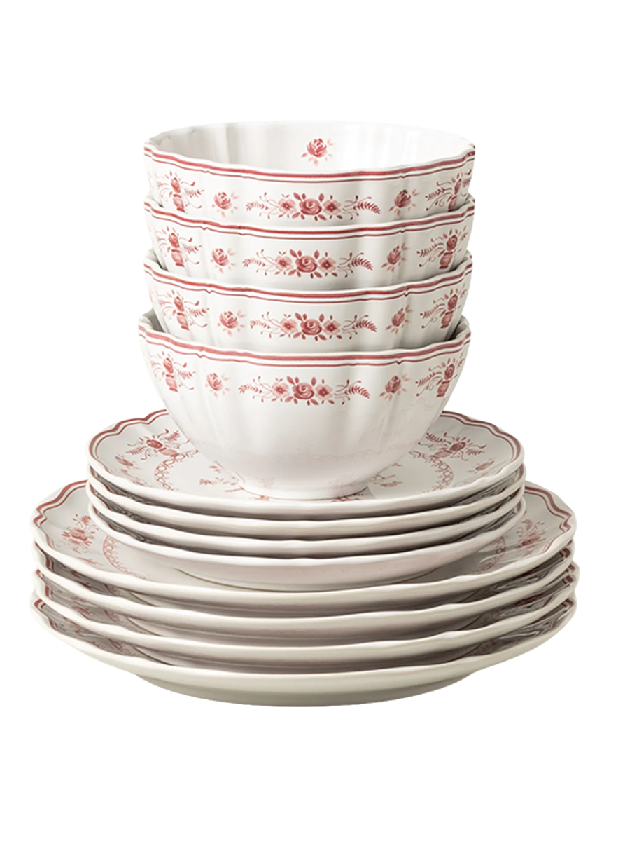 
Handcrafted Dinnerware Set "Vila", White & Red, 12-piece
