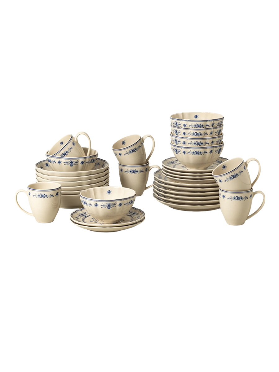 
Handmade Dinnerware Set "Vila", Beige & Blue, 30-piece
